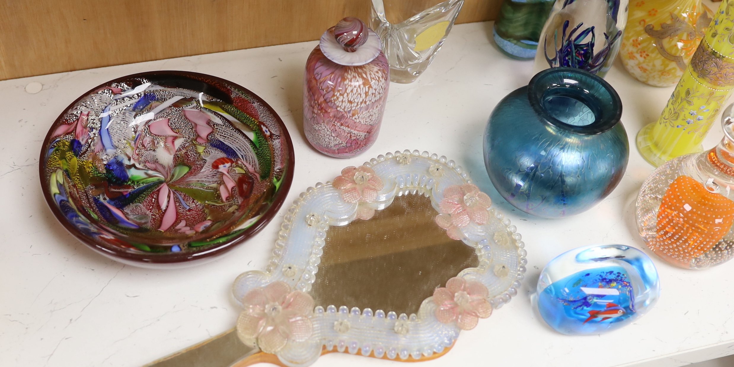 Fourteen glass items, including; paper weights, vases, perfume bottles, a Venetian style mirror and a pressed glass centrepiece, items by Wedgwood, etc.